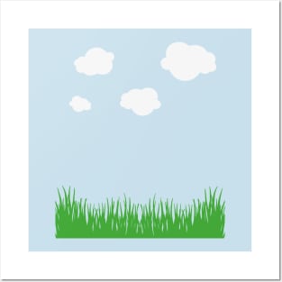 cloud and grass, white clouds green grass blue tee, sky t-shirt, blue sky cloud and grass, retro 8-bit clouds Posters and Art